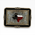 Texas Flag Star Midnight Buckle: black, red, and white Texas state cutout with "TEXAS" lettering, silver scrollwork, gold rope edge, and lone star accents.
