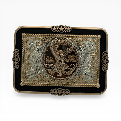 Gold and silver 50 Pesos Centenario buckle with Angel of Independence, black border, scrollwork, and star accents.