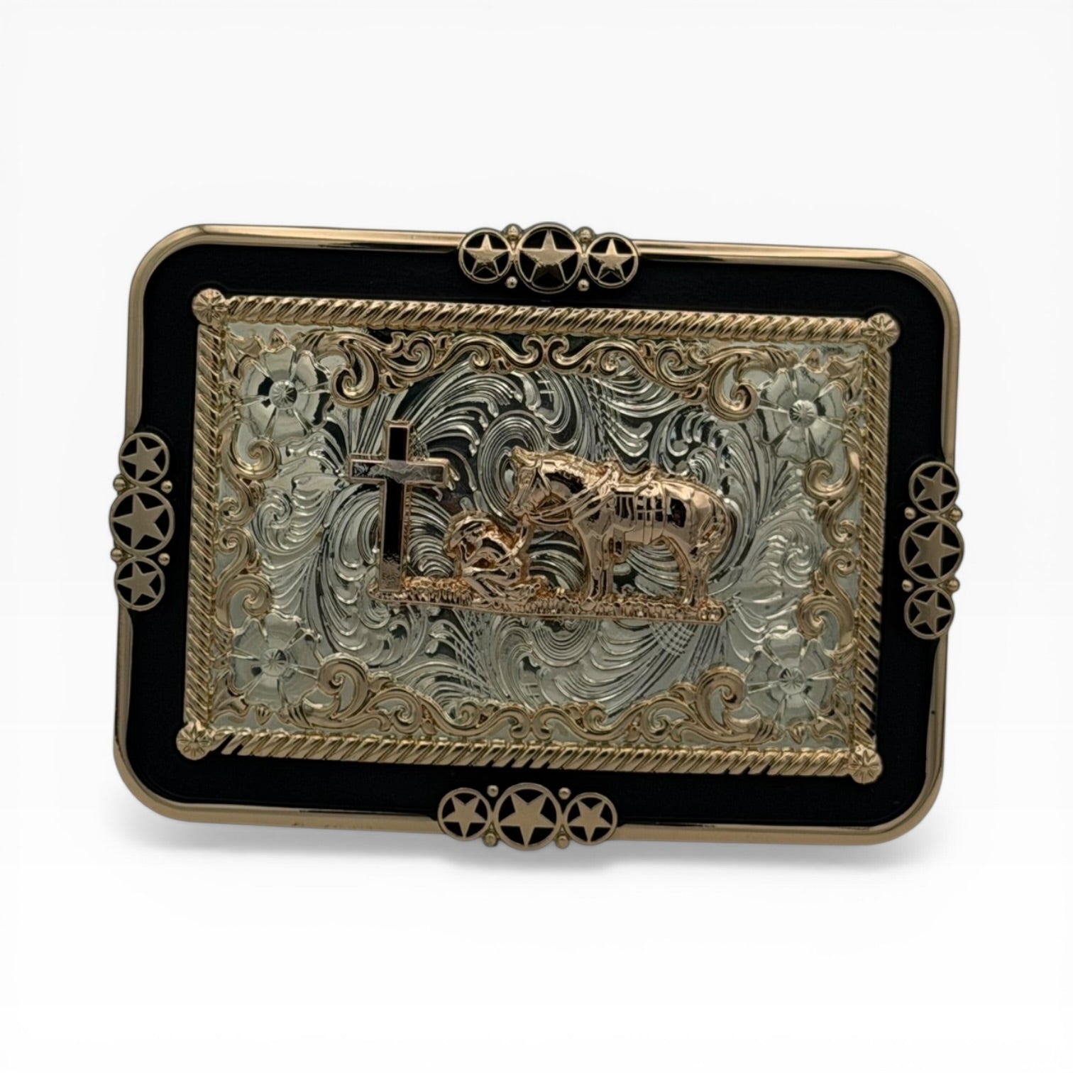 Cowboy Prayer Star Midnight Buckle: Silver and gold buckle with kneeling cowboy, horse, cross, scrollwork, and lone stars.