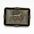 Gold running horse on polished silver with intricate scrollwork, black border, gold rope edge, and star accents.