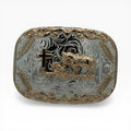 Silver and gold Cowboy Prayer buckle with kneeling cowboy, horse, cross, scrollwork, and rope edge.