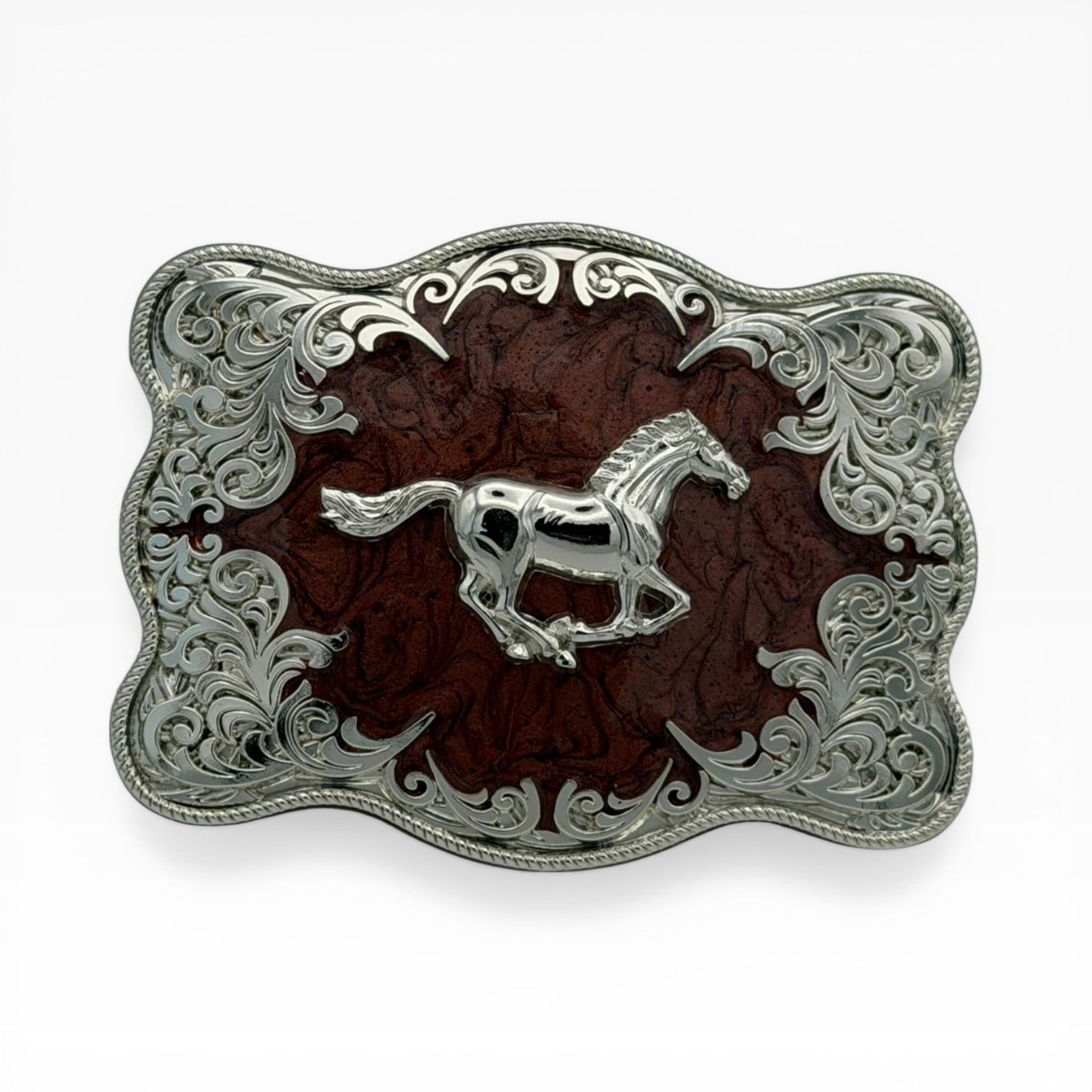 Mahogany wood-tone buckle with polished silver running horse, ornate filigree, and rope edge.