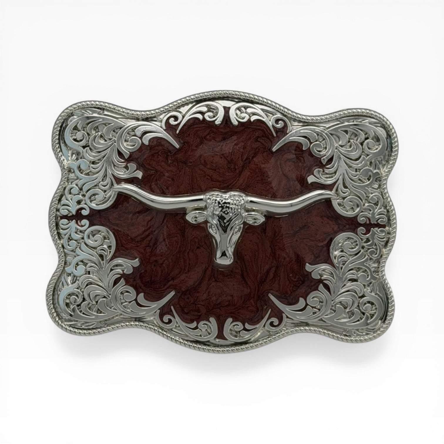 Silver Longhorn Mahogany buckle with ornate filigree and rope edge, 4 5/8" x 3 3/8".