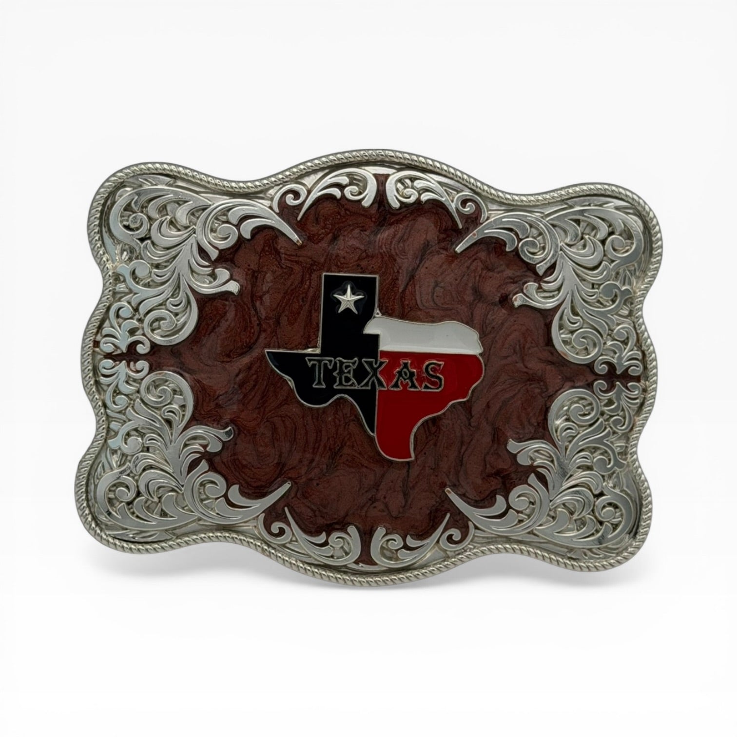 Texas Flag Mahogany Silver Buckle with enamel Texas state, lone star, and ornate filigree.