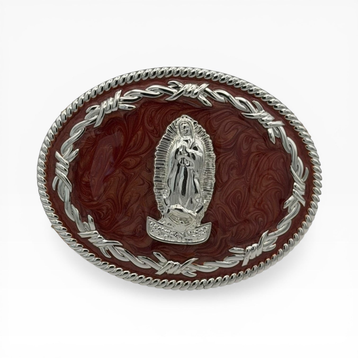 Oval mahogany wood-tone buckle with silver Virgen de Guadalupe, barbed wire, and rope edge.