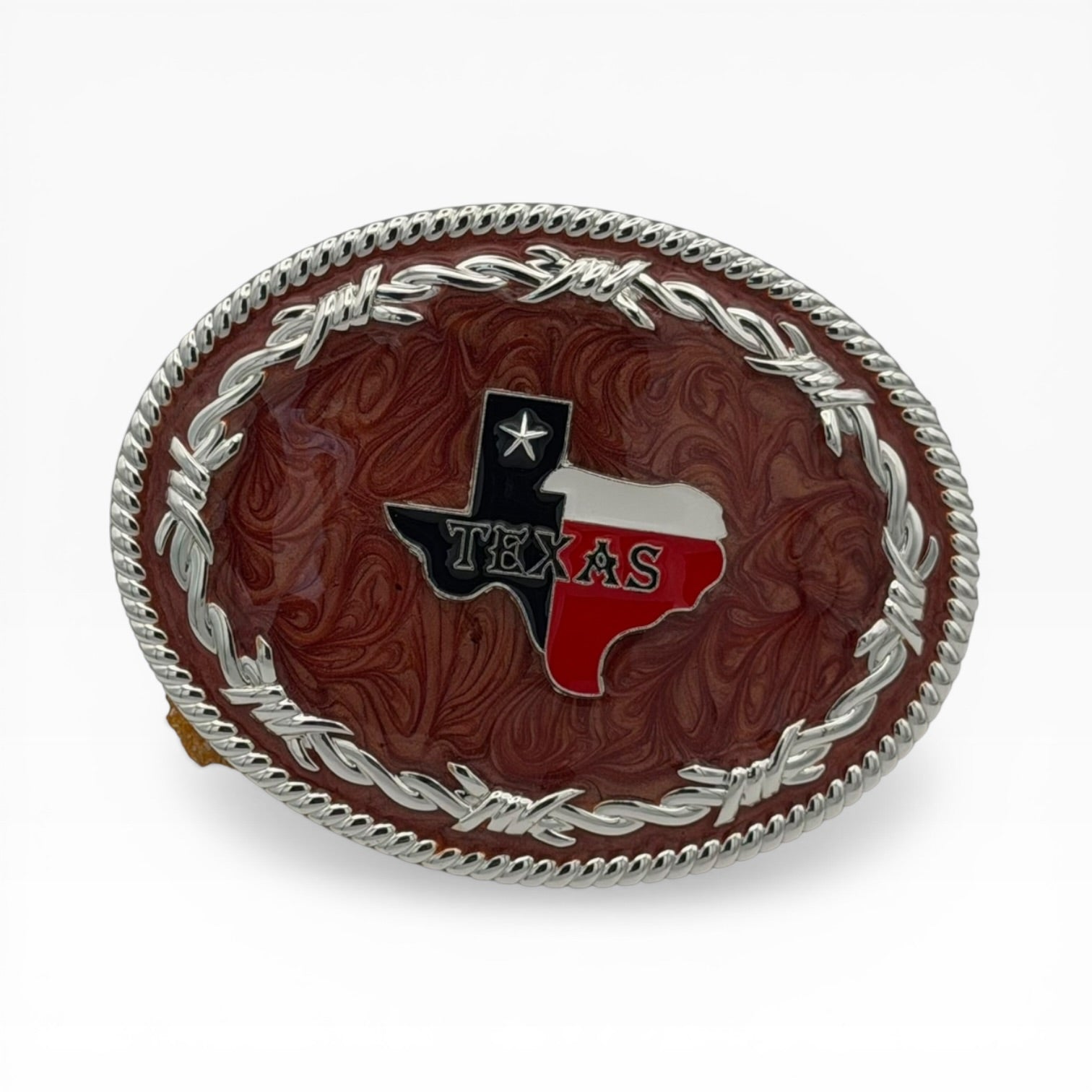 Oval mahogany buckle with Texas flag cutout, "TEXAS" lettering, silver barbed wire, and rope edge.