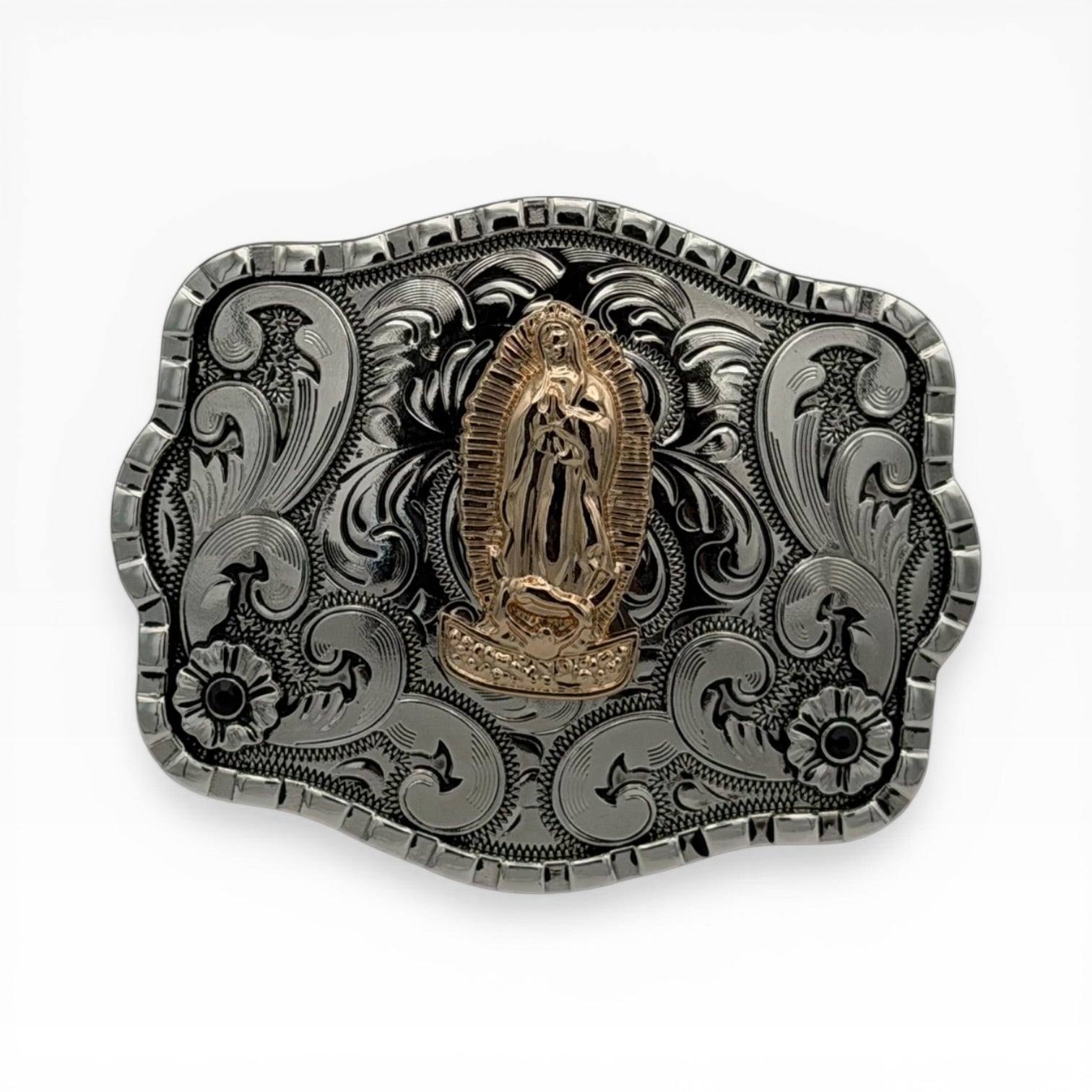 Gunmetal gold Virgen de Guadalupe buckle with intricate silver scrollwork, floral engravings, and notched border.