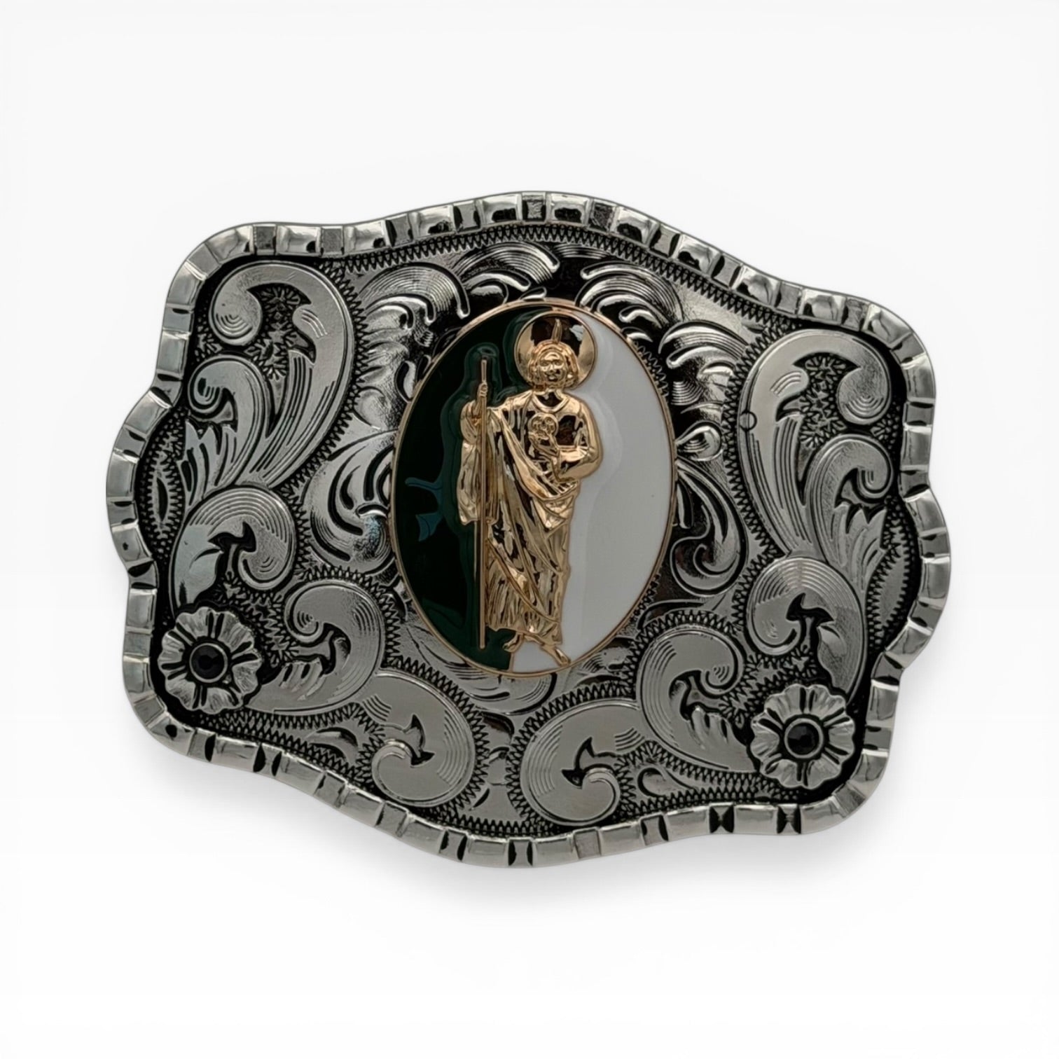 Gunmetal gold San Judas buckle with intricate silver scrollwork and a gold figure on green and white enamel.