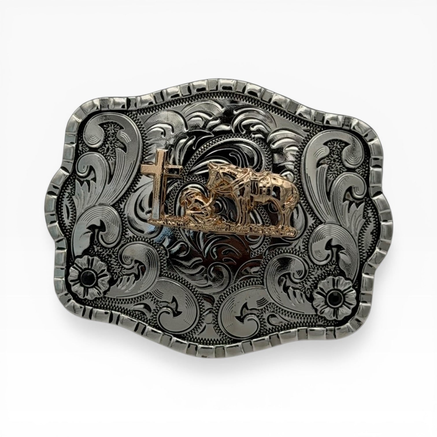Gunmetal gold cowboy prayer buckle with silver scrollwork, kneeling cowboy, horse, and cross centerpiece.