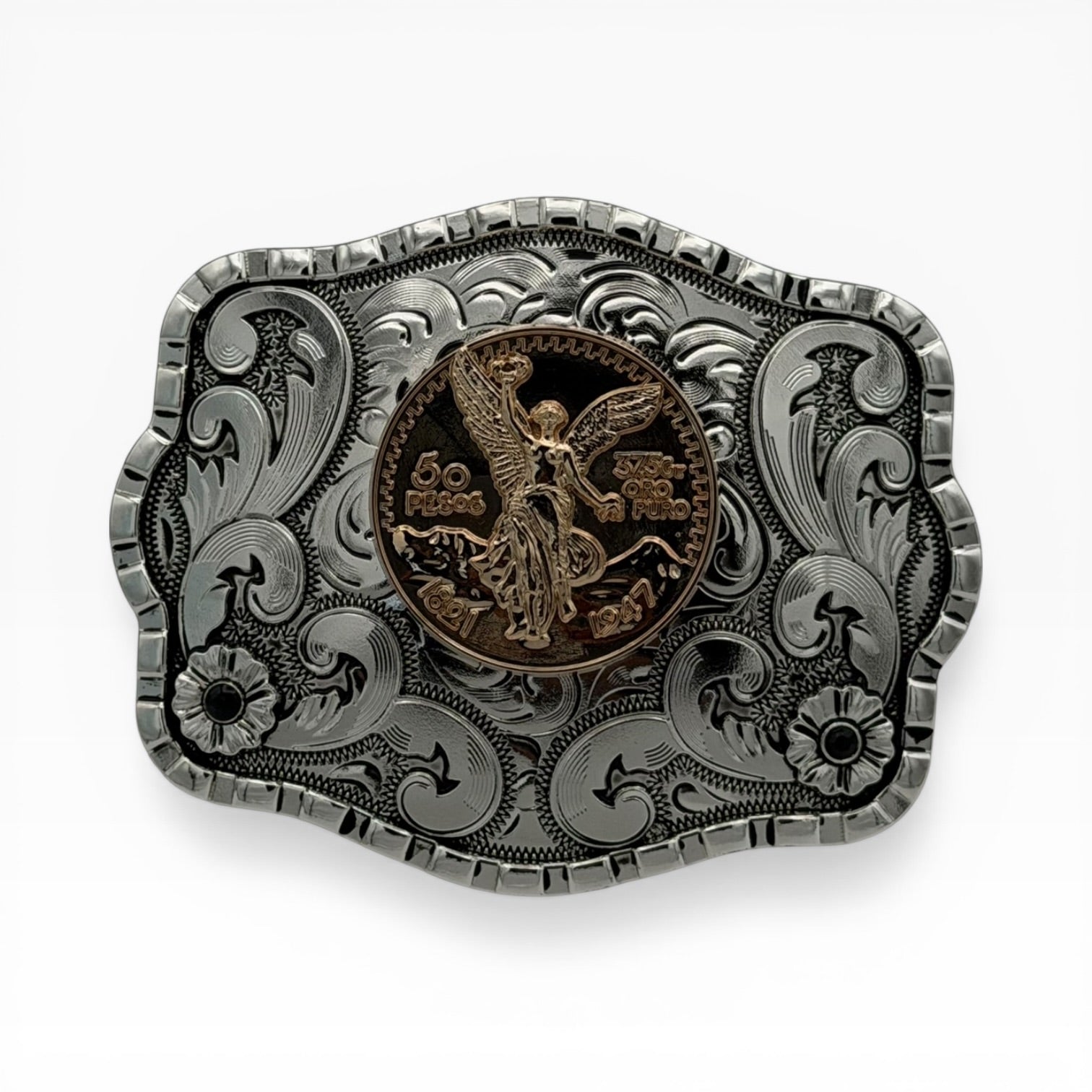 Gunmetal gold 50 Pesos Centenario buckle with intricate silver scrollwork and Winged Victory coin.