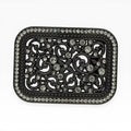 Matte black rhinestone filigree scrollwork buckle with clear crystals and floral cutouts.