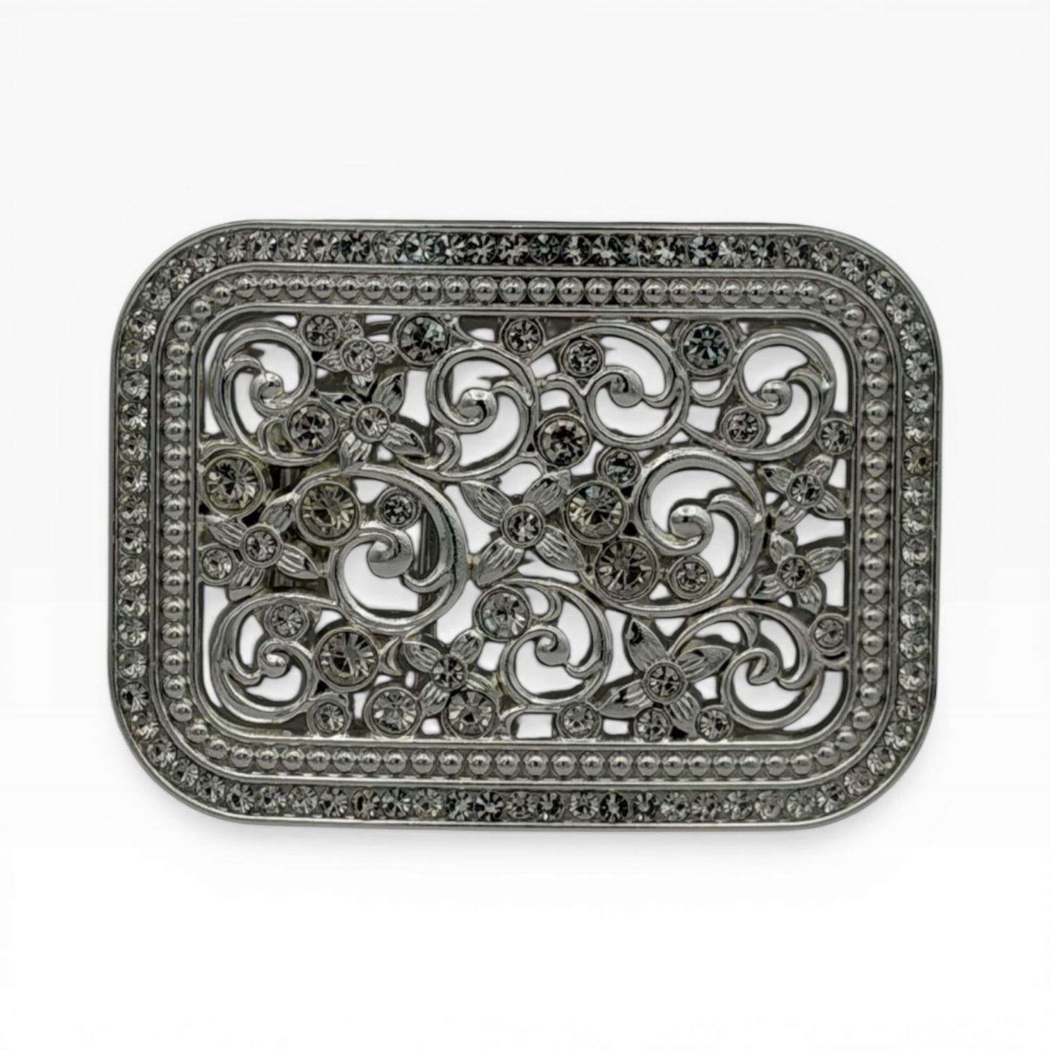 Gunmetal Silver Rhinestone Filigree Scrollwork Buckle with smoke-toned crystals and floral cutouts.