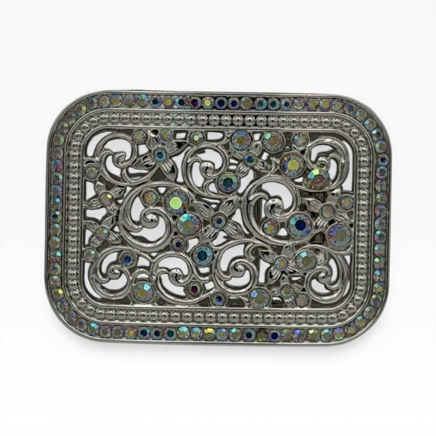 Bicolor Silver Rhinestone Filigree Scrollwork Buckle with iridescent aurora borealis rhinestones.