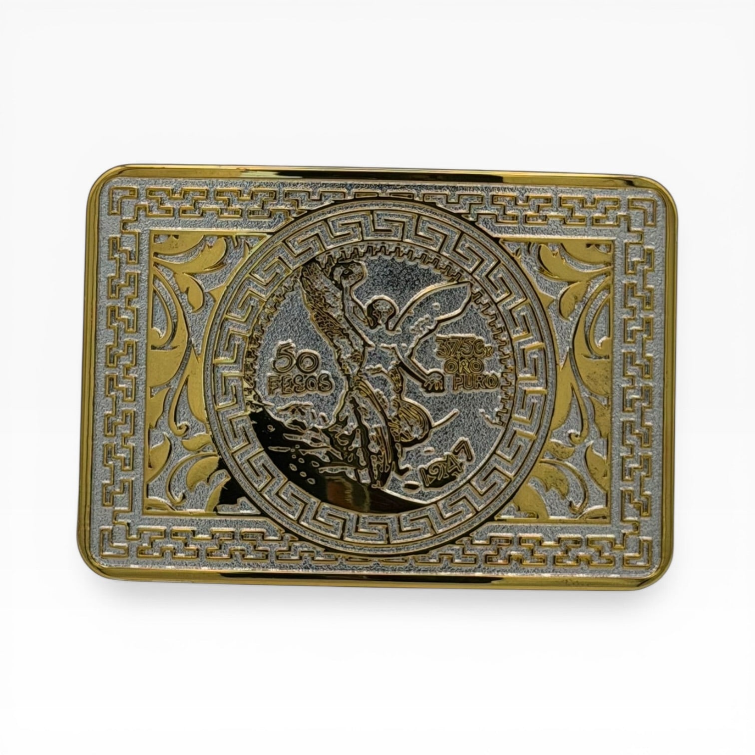 Gold & silver 50 Pesos Centenario Greek Key buckle with Winged Victory coin and floral scrollwork.