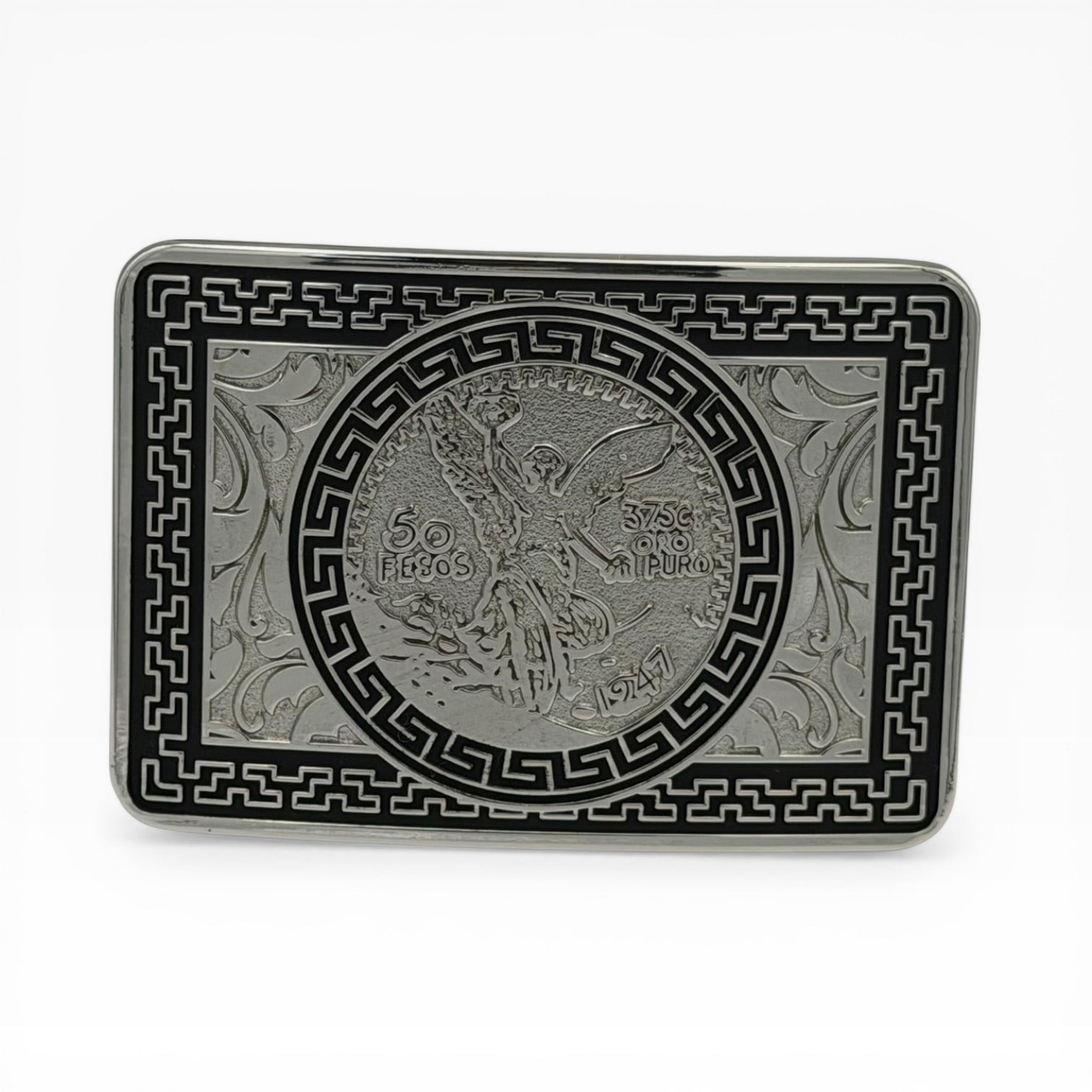 Black & Silver 50 Pesos Centenario Greek Key Buckle with Winged Victory coin and floral scrollwork.