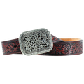 Ariat ladies' brown embossed leather belt with an ornate silver buckle featuring scrollwork and rhinestones.