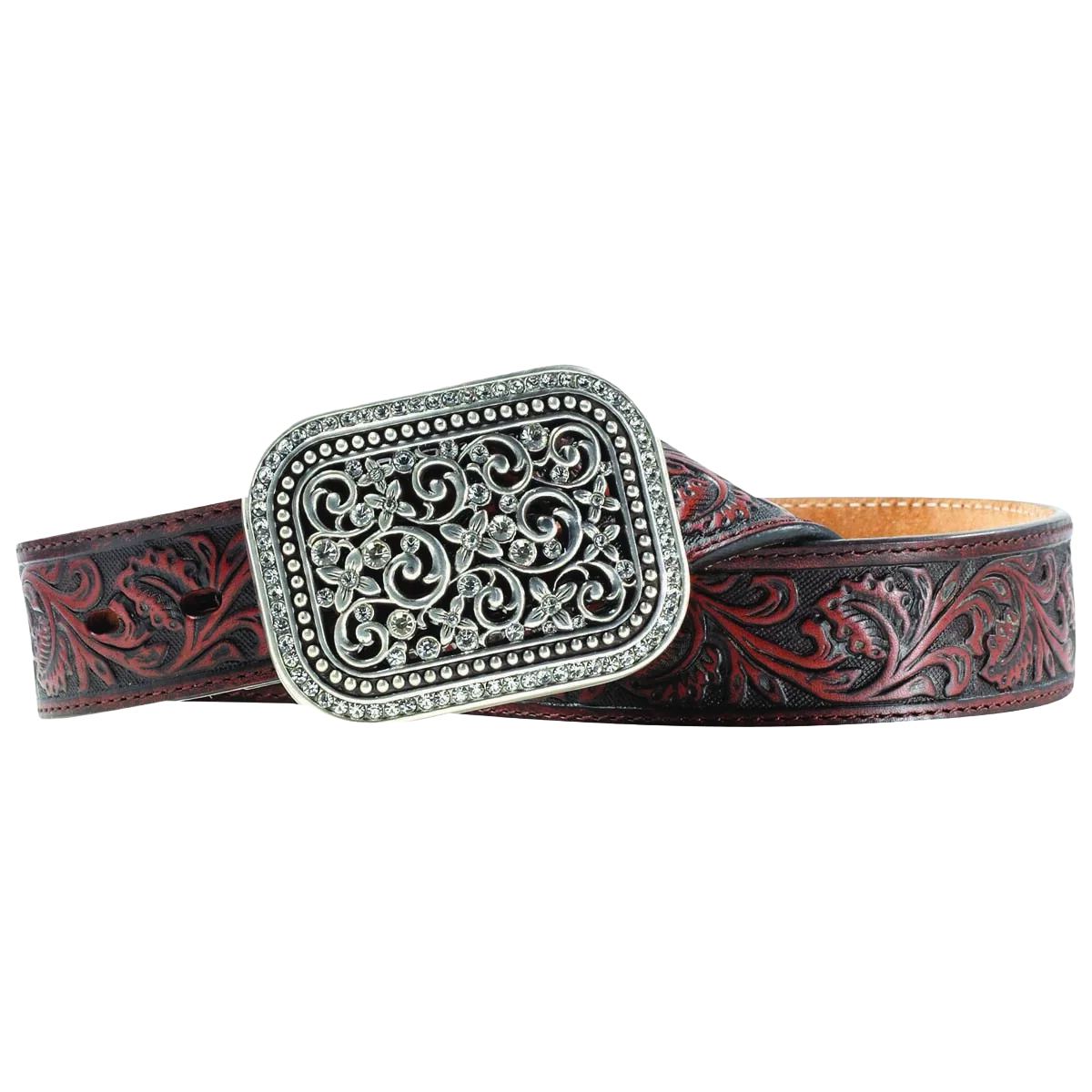 Ariat ladies' brown embossed leather belt with an ornate silver buckle featuring scrollwork and rhinestones.