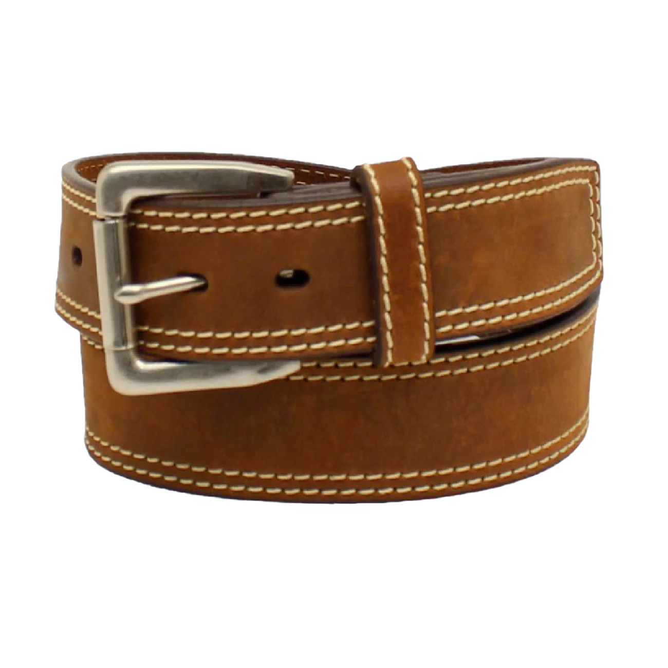 Ariat men's medium brown leather belt with contrast double stitching and a silver buckle.