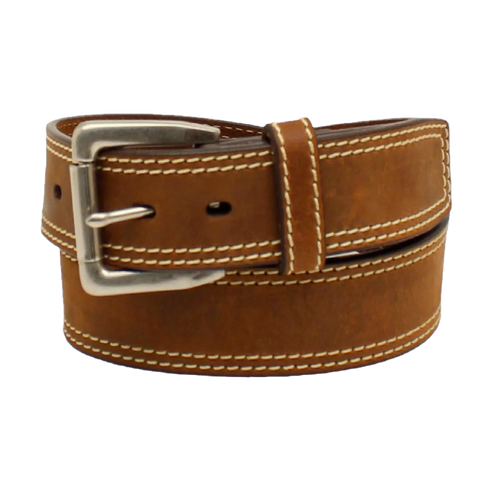 Ariat men's medium brown leather belt with contrast double stitching and a silver buckle.