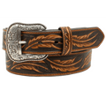 Ariat men's tan leather belt with embossed leaf design and etched silver buckle.