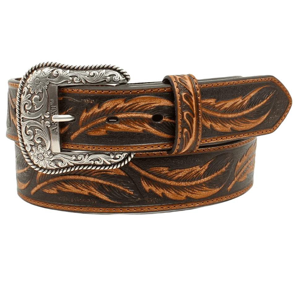 Ariat men's tan leather belt with embossed leaf design and etched silver buckle.