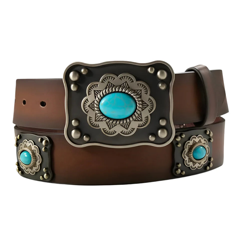 Ariat ladies' brown leather belt with antique silver buckle and turquoise conchos.