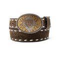 Ariat men's aged bark leather belt with floral embossing, white lacing, and an oval multi-finish Ariat buckle.