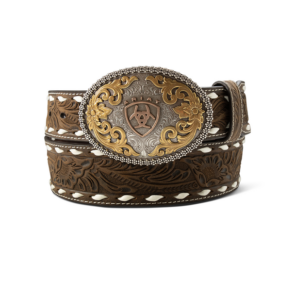 Ariat men's aged bark leather belt with floral embossing, white lacing, and an oval multi-finish Ariat buckle.