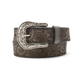 Ariat black genuine leather belt with laser-cut paisley pattern and antique silver floral buckle.