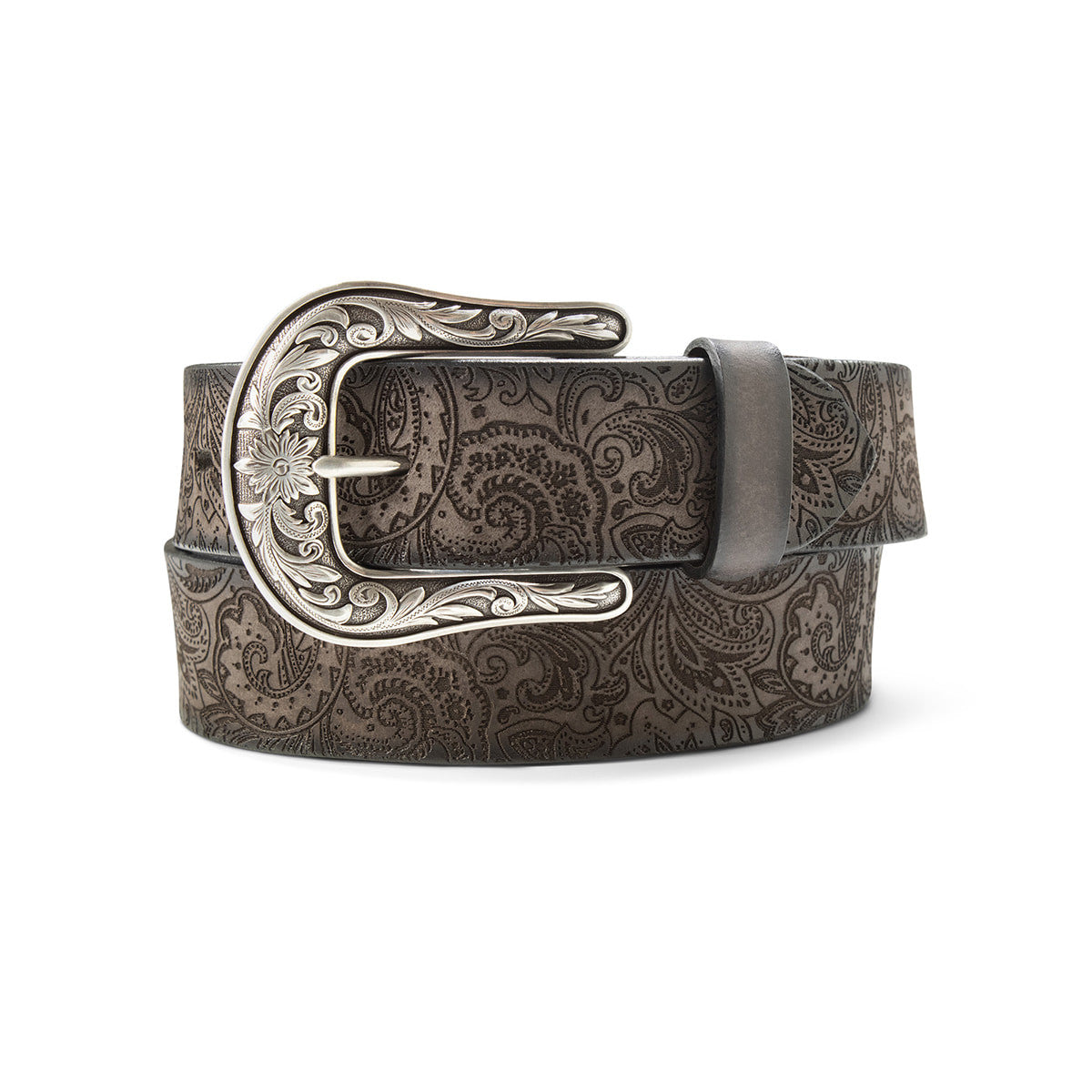 Ariat black genuine leather belt with laser-cut paisley pattern and antique silver floral buckle.