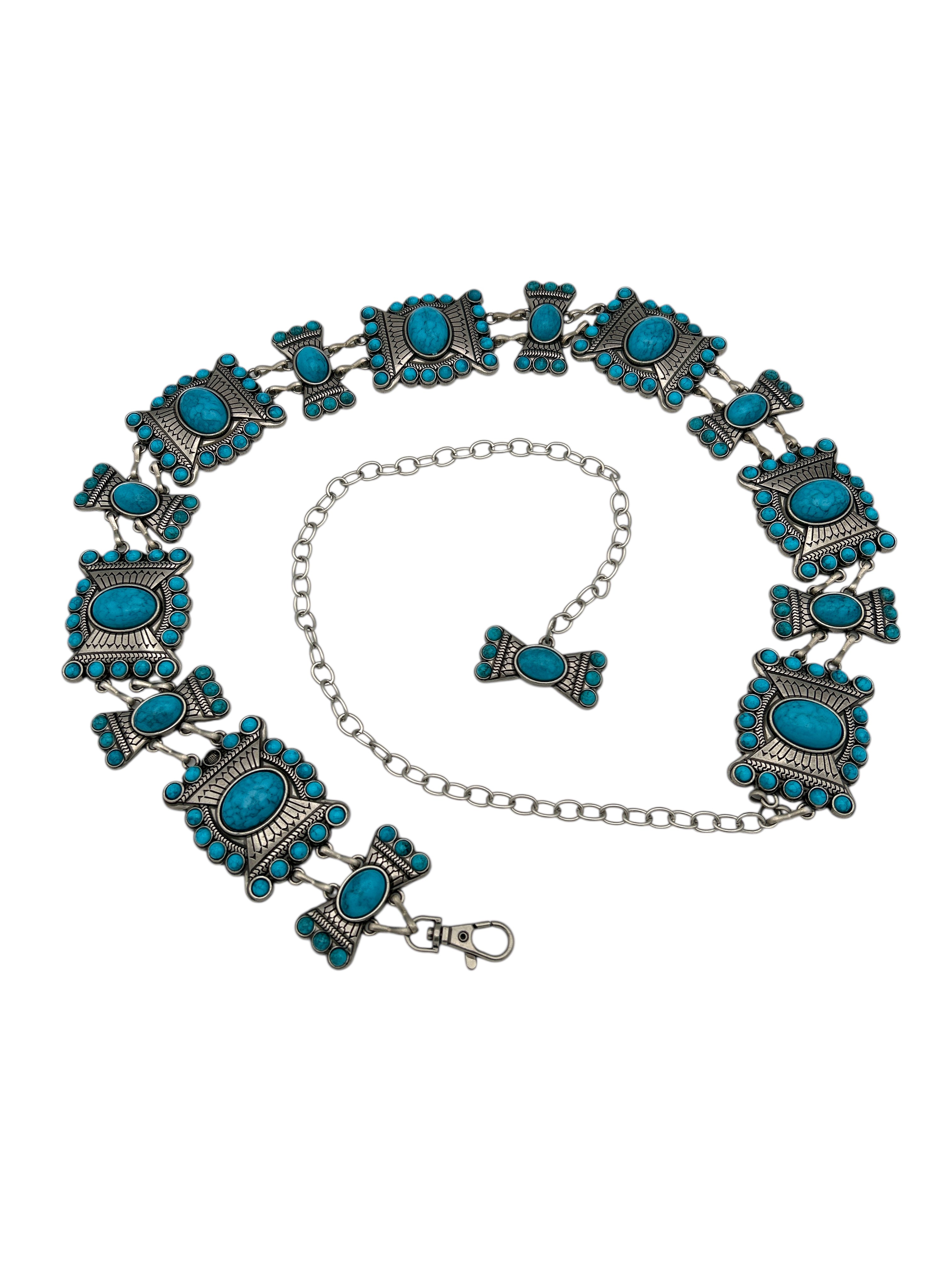 Silver Western metal concho belt with intricate turquoise stone details and an adjustable chain.