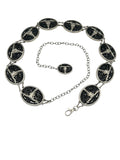 Silver Western metal concho belt with black rhinestones and longhorn skull designs.