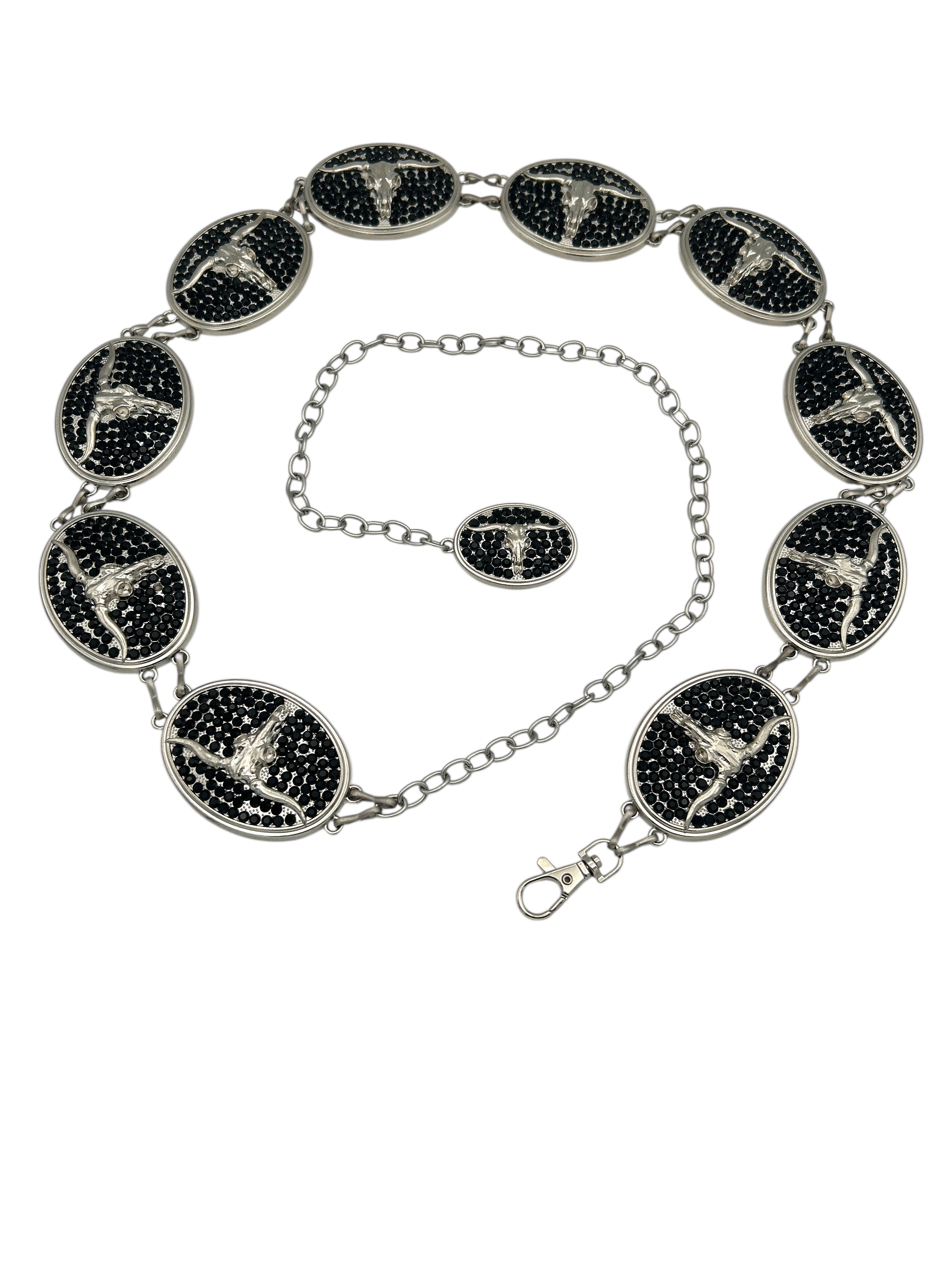 Silver Western metal concho belt with black rhinestones and longhorn skull designs.