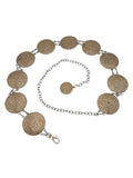 Western metal concho belt with round, intricately detailed gold-tone conchos and a silver chain.