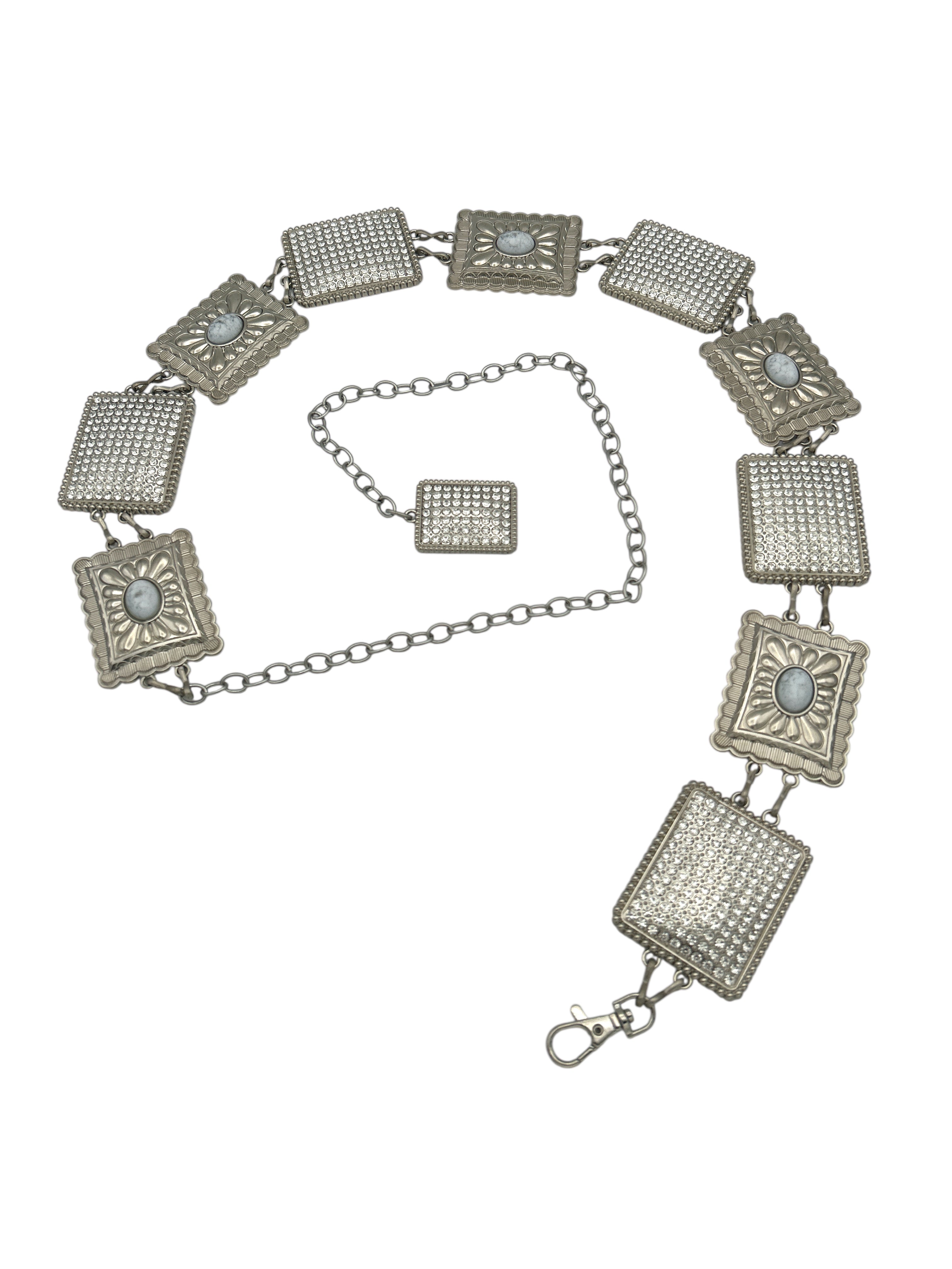Silver Western metal concho belt with square, intricately engraved conchos and a chain closure.