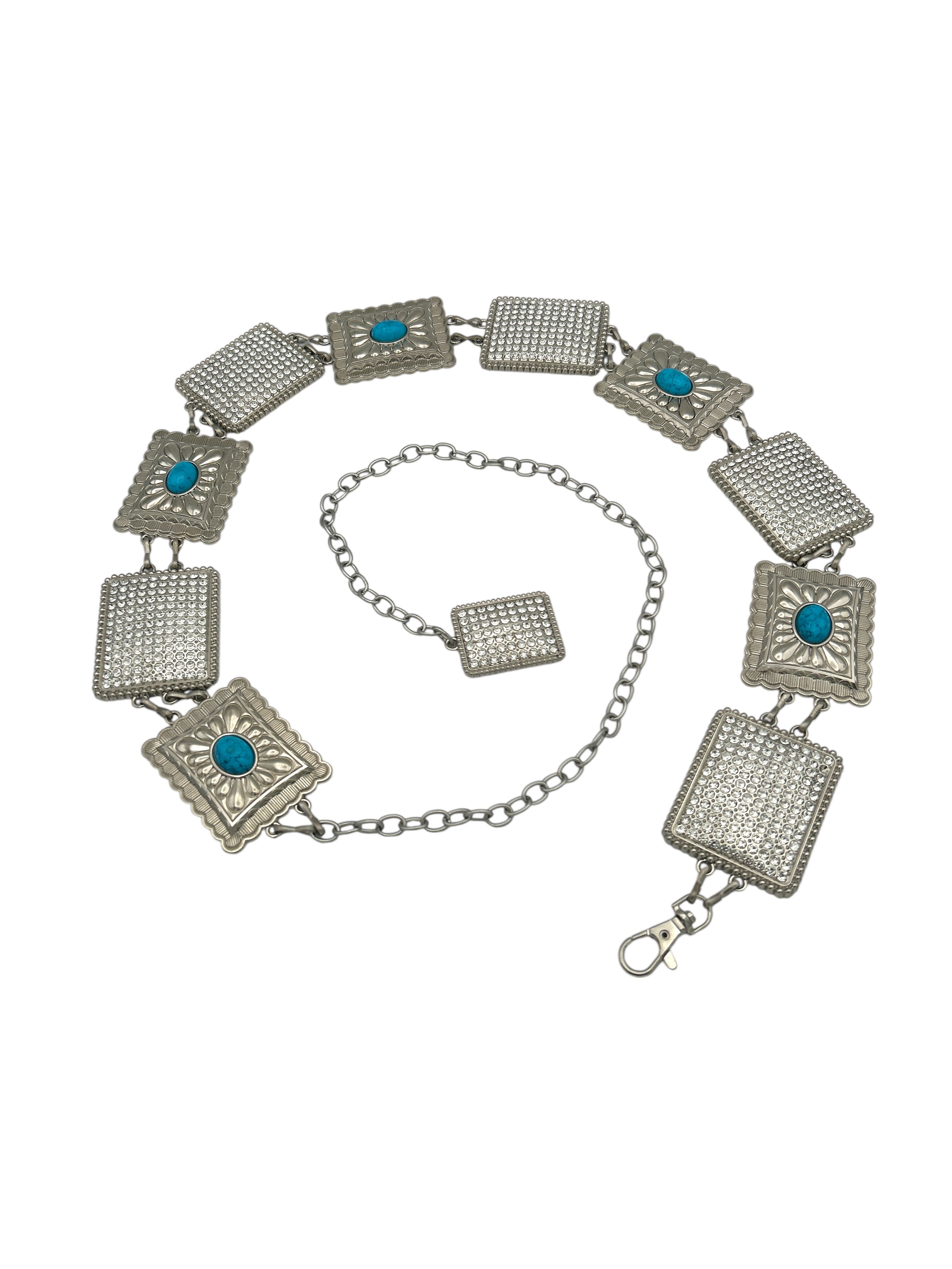 Silver Western metal concho belt with square, intricately engraved conchos and turquoise accents.