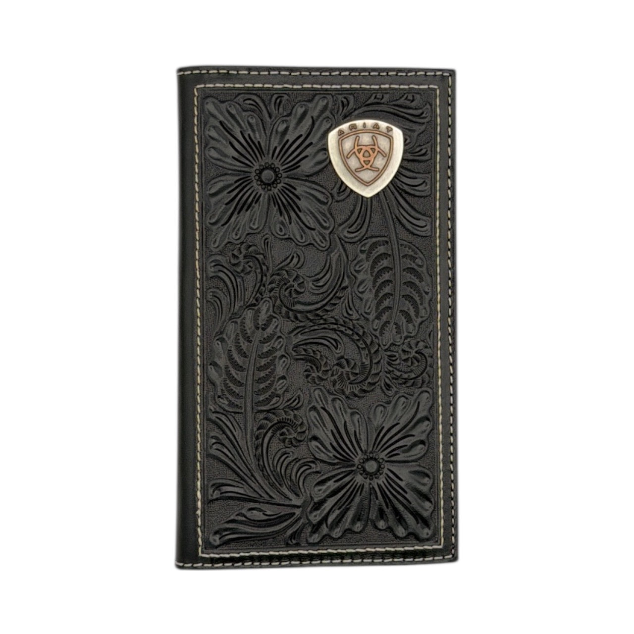 ARIAT MENS RODEO STYLE WALLET FLORAL EMBOSSED SHIELD BLACK