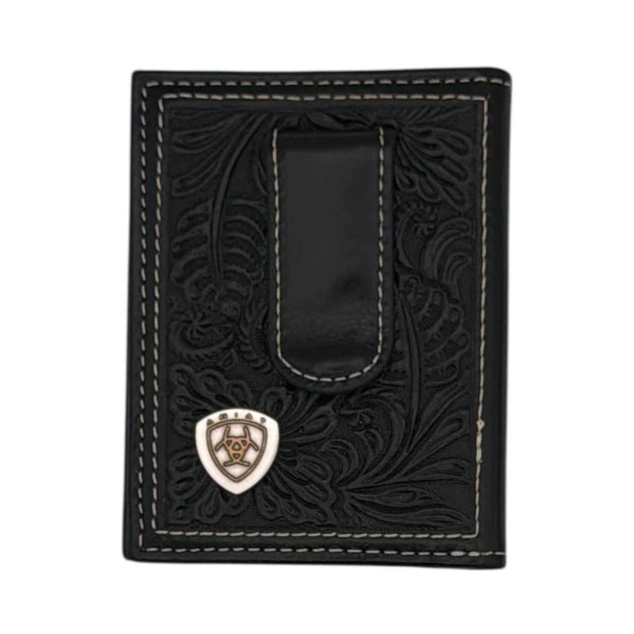 ARIAT MENS MONEY CLIP STYLE WALLET FLORAL EMBOSSED SHIELD BLACK