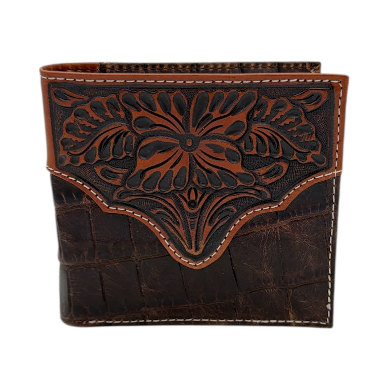 ARIAT LARGE BIFOLD WALLET CROC FLORAL EMBOSSED BROWN