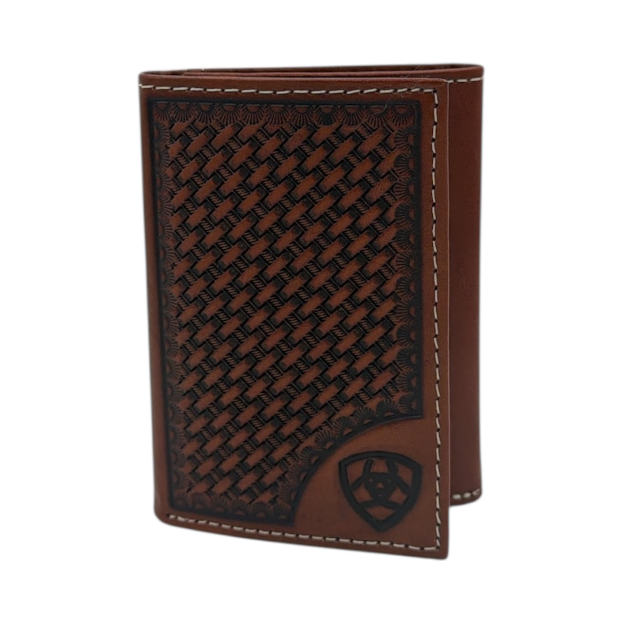 ARIAT MENS TRIFOLD WALLET BASKETWEAVE SHIELD TAN