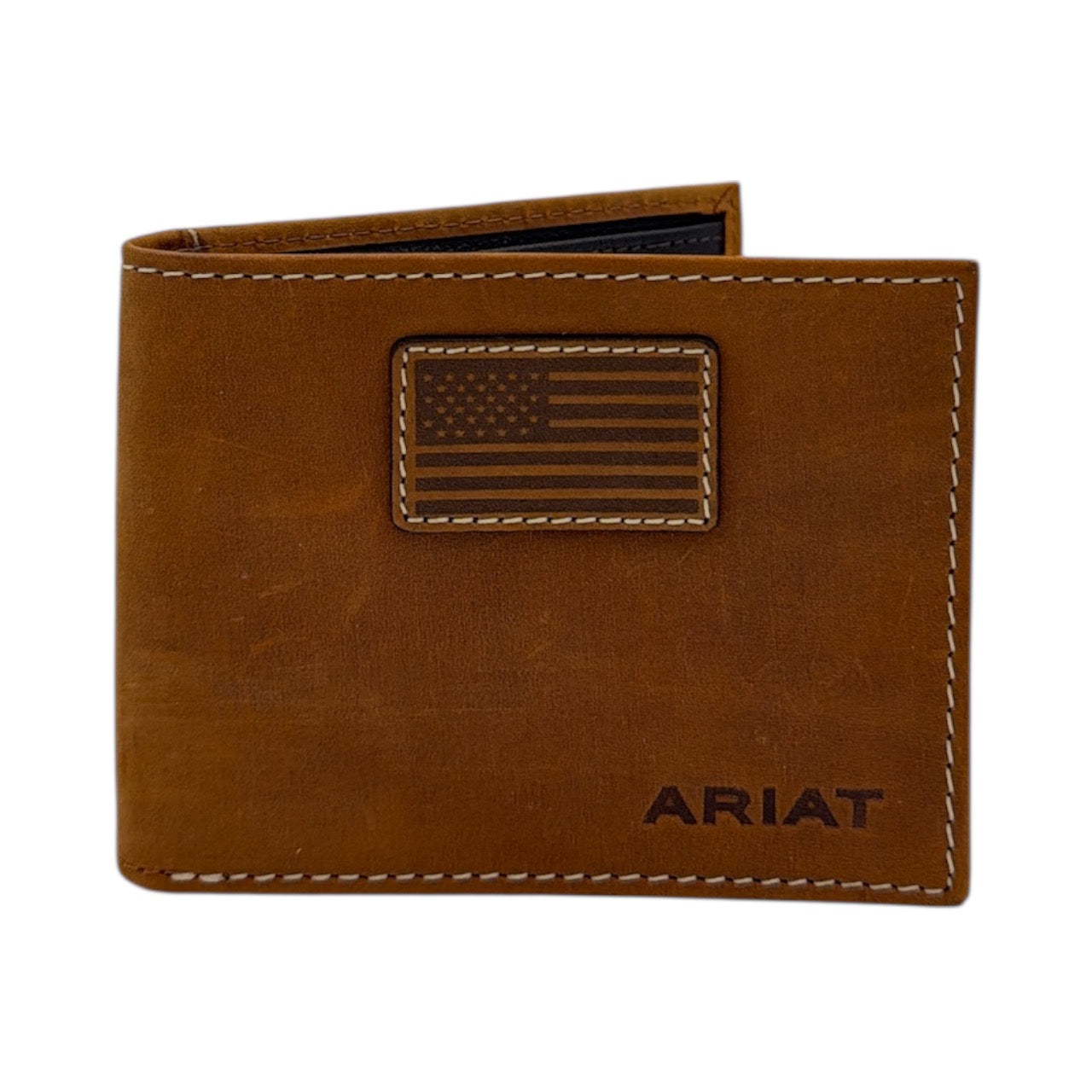 ARIAT MENS BIFOLD WALLET FLAG PATCH LOGO MEDIUM BROWN