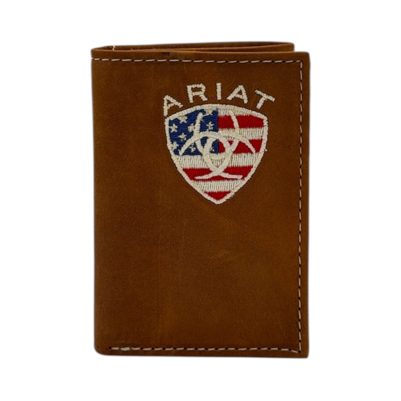 ARIAT TRIFOLD WALLET AMERICAN FLAG EMBROIDERED AGED BARK