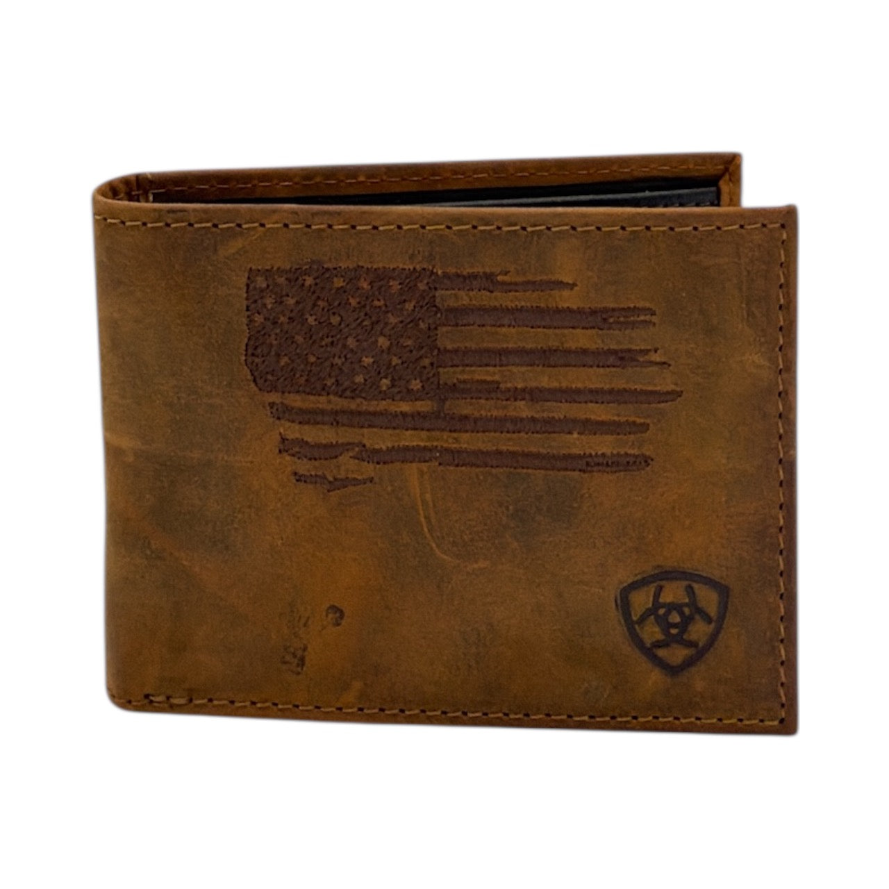 ARIAT BIFOLD DISTRESSED STITCH USA FLAG SHIELD LOGO
