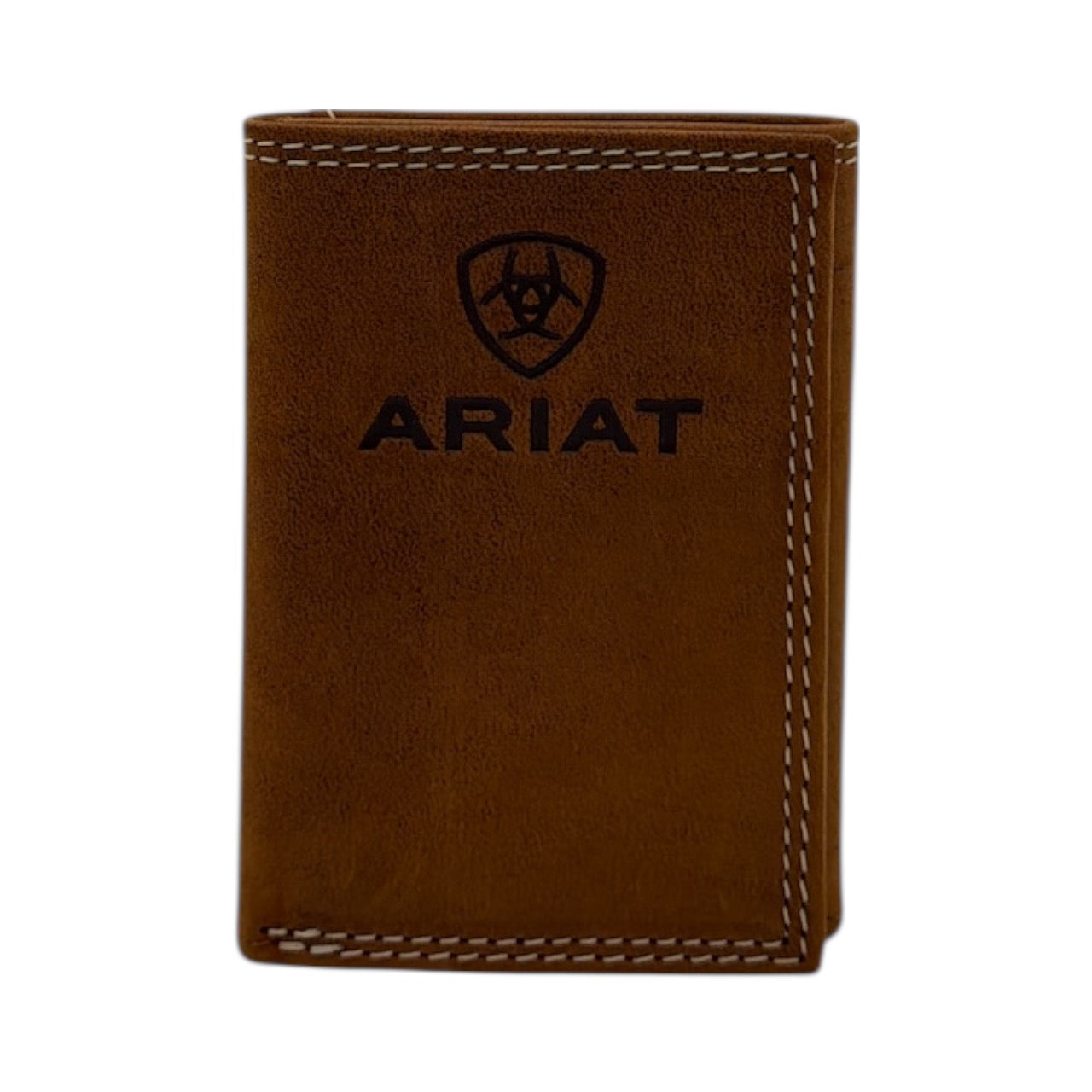 ARIAT MENS TRIFOLD WALLET EMBOSSED LOGO MEDIUM BROWN