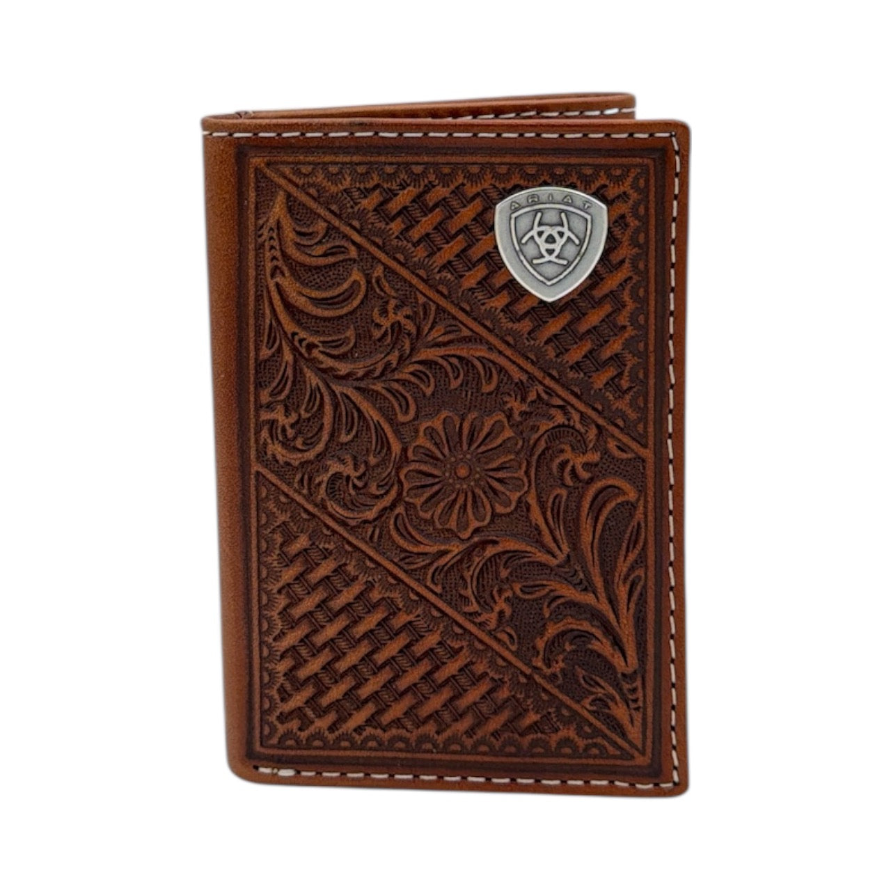 ARIAT MENS TRIFOLD STYLE WALLET BASKET WEAVE FLORAL SHIELD TAN