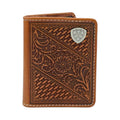 ARIAT MENS BIFOLD STYLE WALLET BASKET WEAVE FLORAL SHIELD TAN