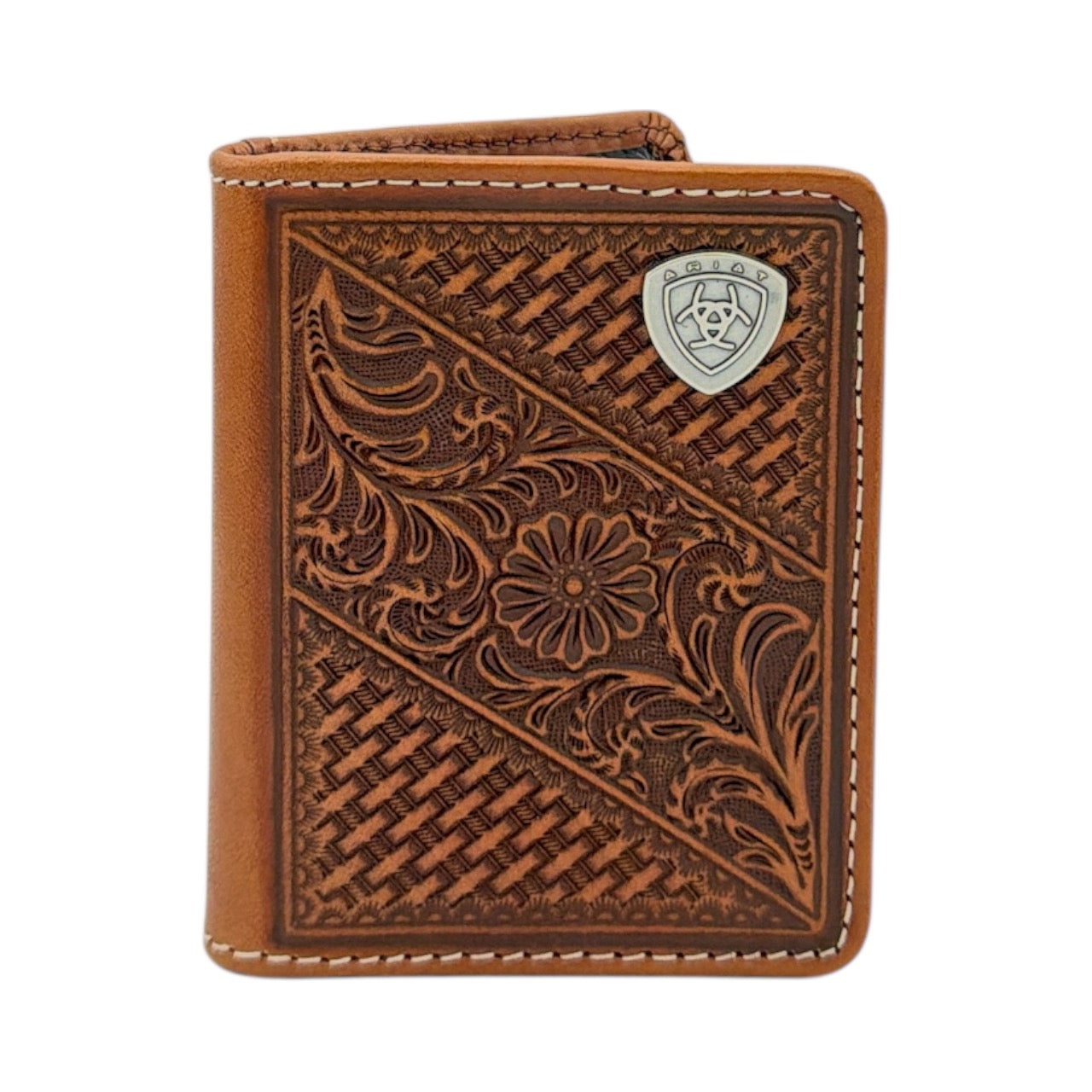 ARIAT MENS BIFOLD STYLE WALLET BASKET WEAVE FLORAL SHIELD TAN
