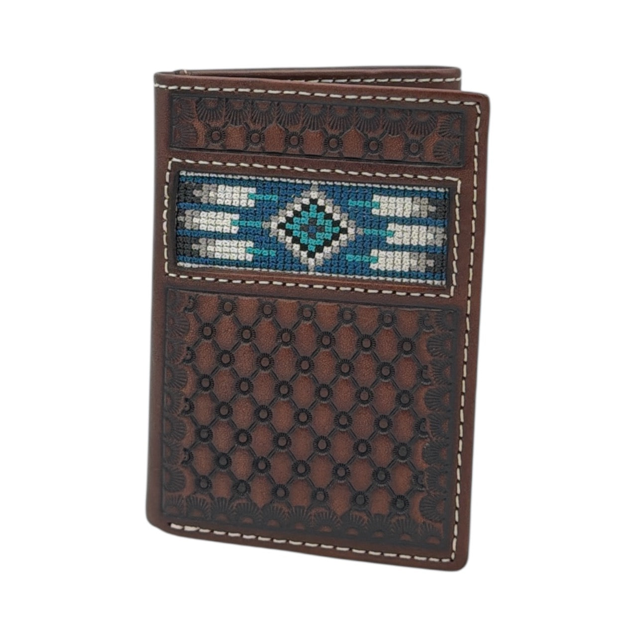 ARIAT MENS TRIFOLD STYLE WALLET SOUTHWESTERN INLAY BROWN