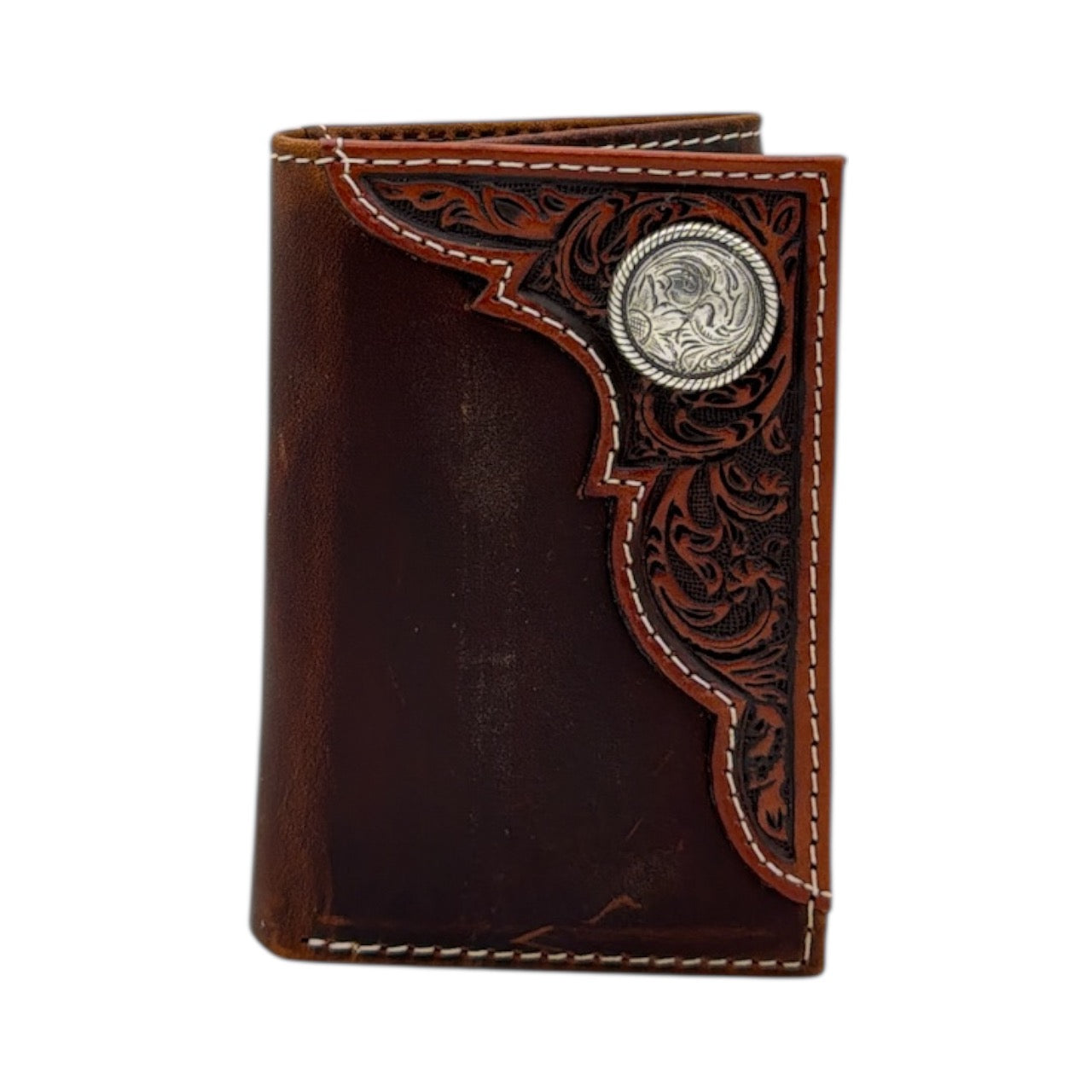 ARIAT MENS TRIFOLD STYLE WALLET EMBOSSED OVAL CONCHO TAN