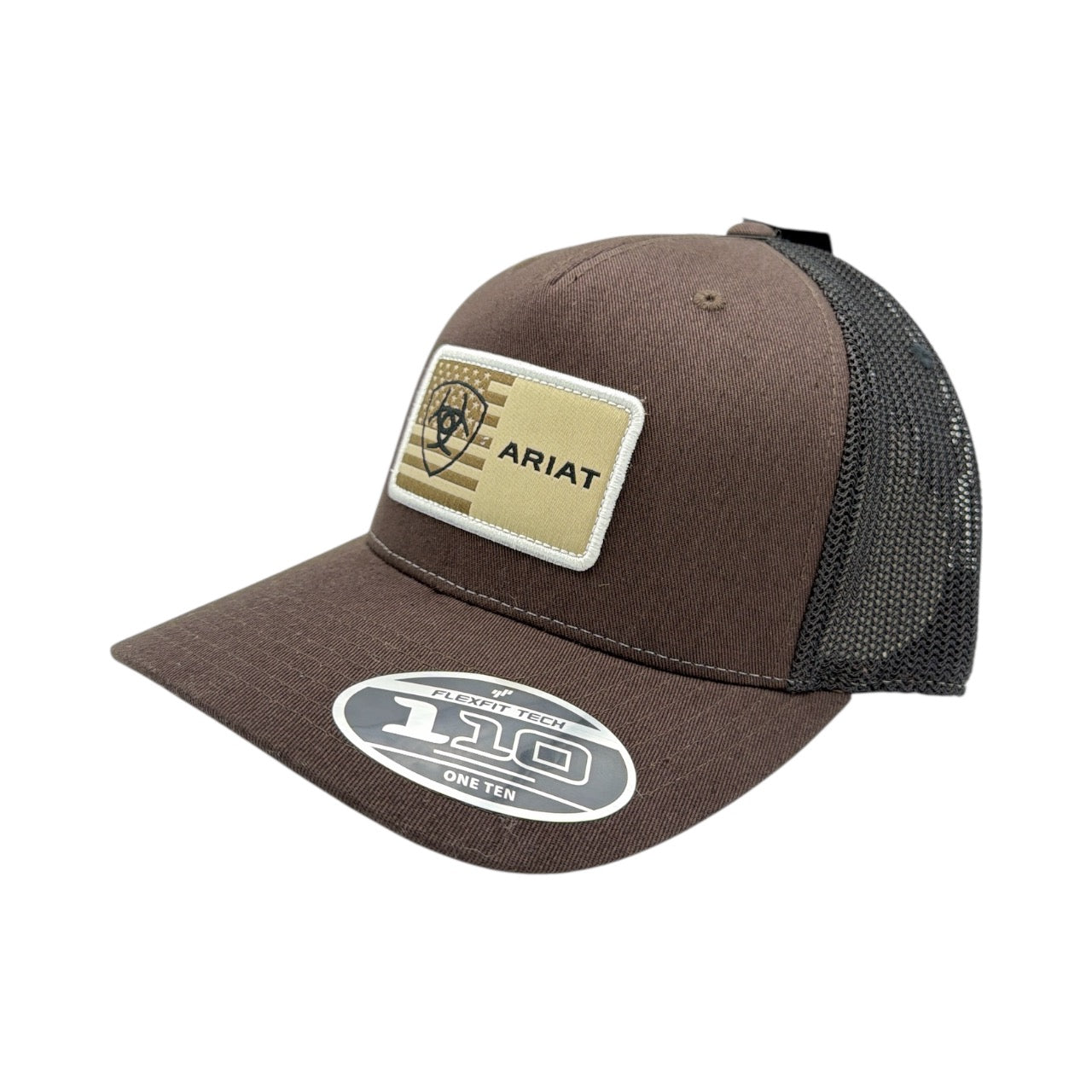 ARIAT MENS FLEXFIT 110 CAP SNAPBACK AMERICAN FLAG PATCH BROWN